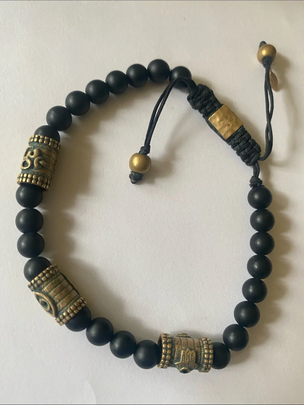 Black agate brass Beaded Bracelet with Antique Gold Accents made in Bali